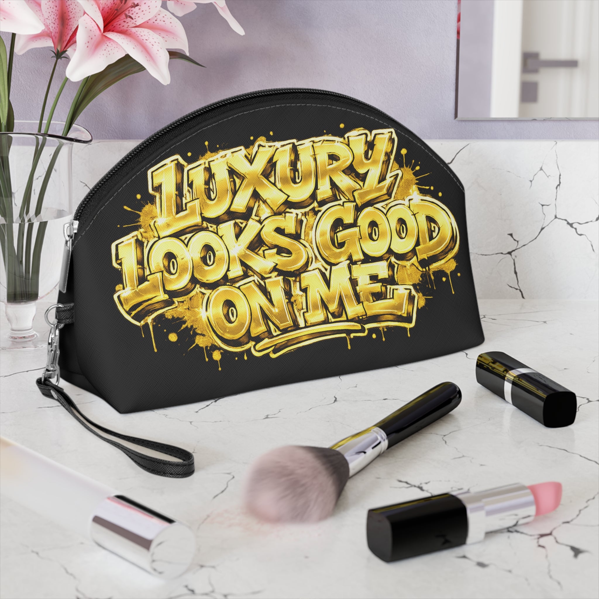 Makeup Bag — "Luxury Looks Good On Me" Gold Graffiti Cosmetic Pouch