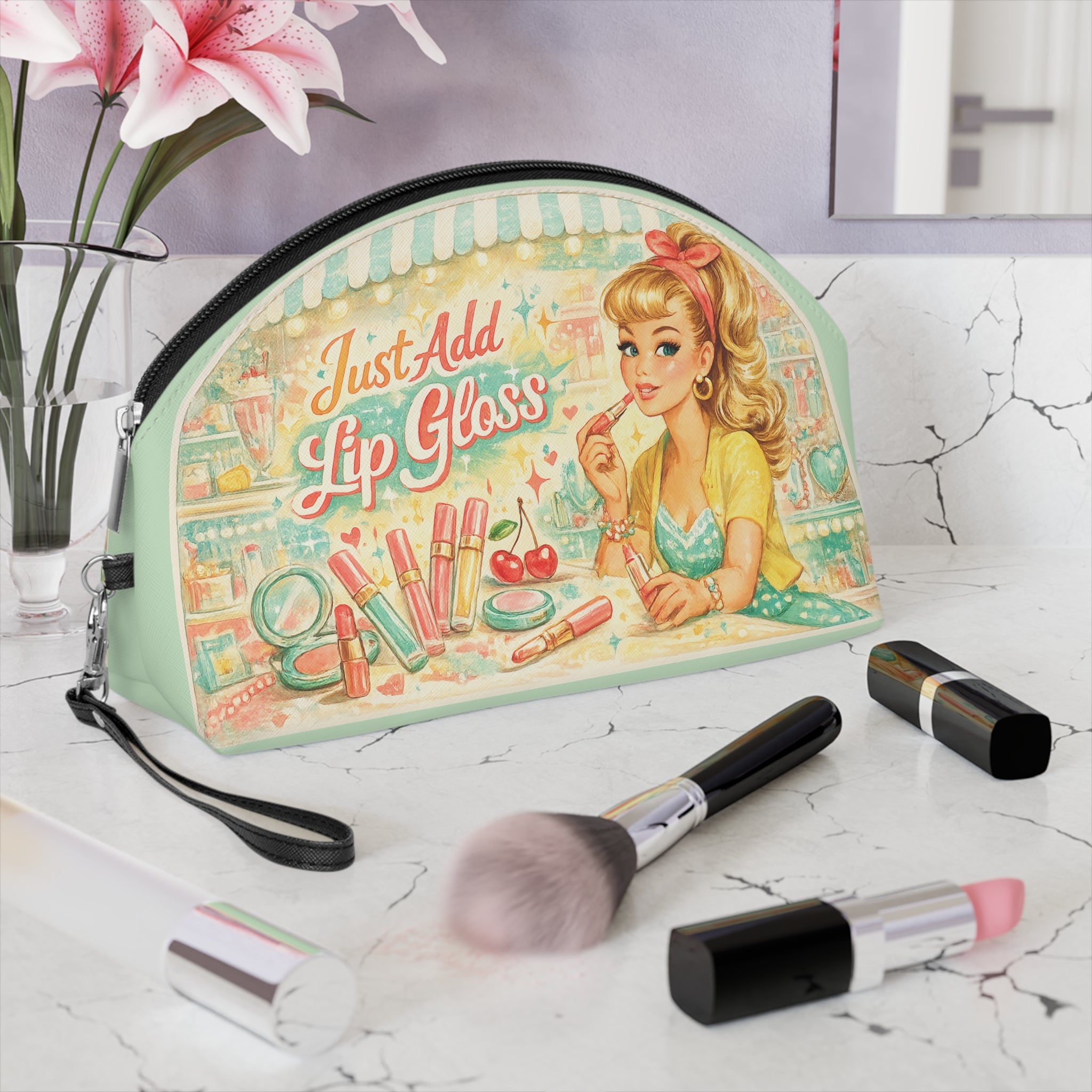 Retro 'Just Add Lip Gloss' Makeup Bag — Pinup Cosmetic Pouch