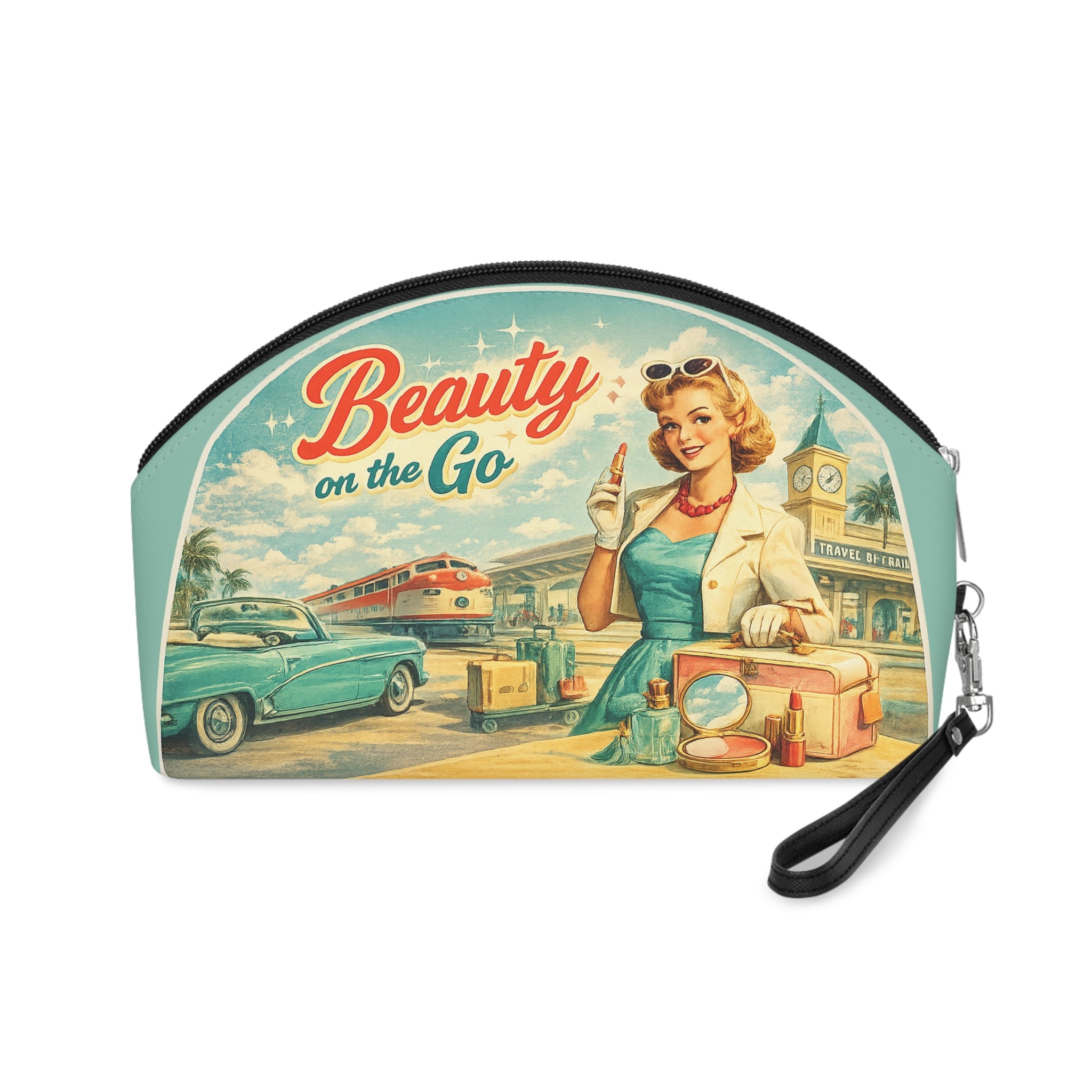 Retro 'Beauty on the Go' Travel Makeup Bag — Vintage Pin‑Up Cosmetic Pouch