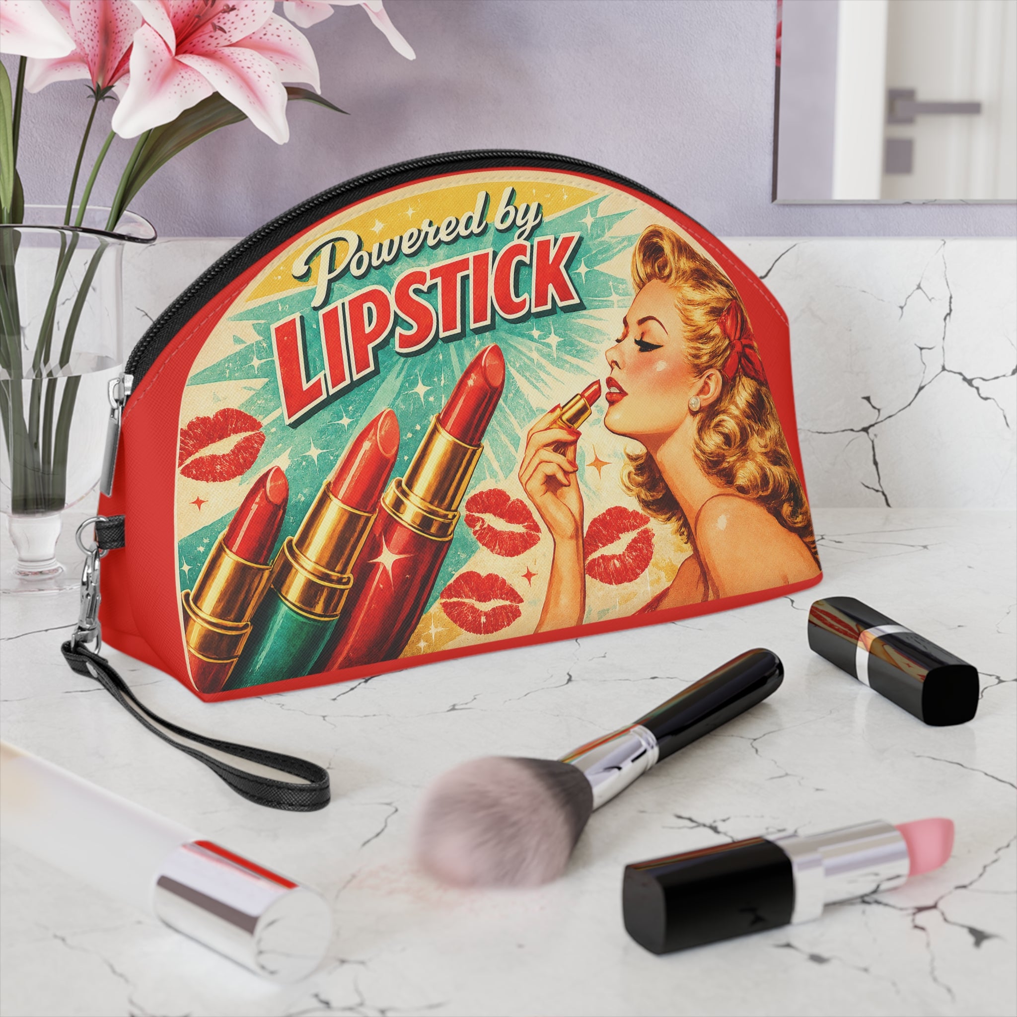 Retro 'Powered by LIPSTICK' Makeup Bag — Vintage Pin‑Up Cosmetic Pouch