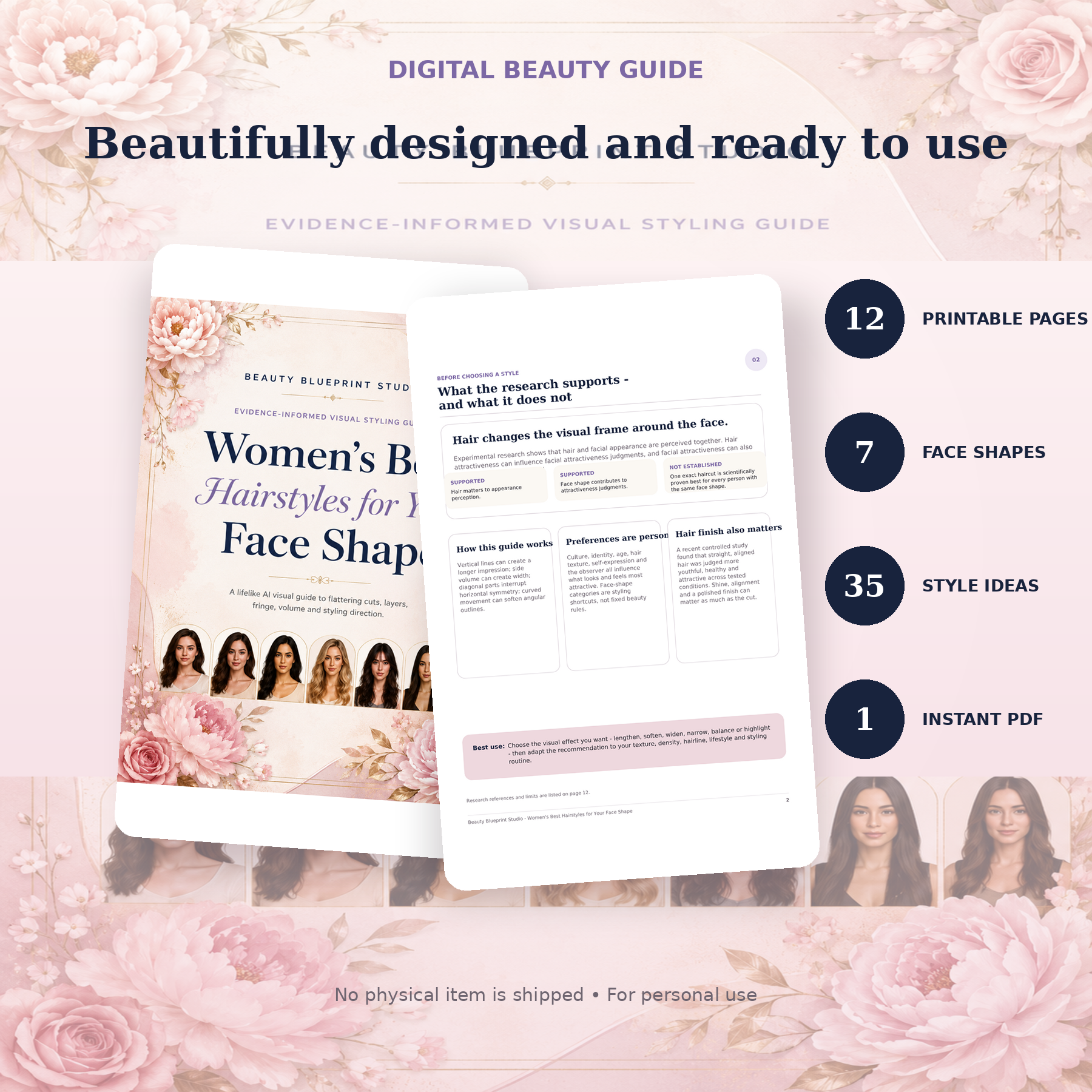 Digital download details for the 12-page face shape and hairstyle PDF guide
