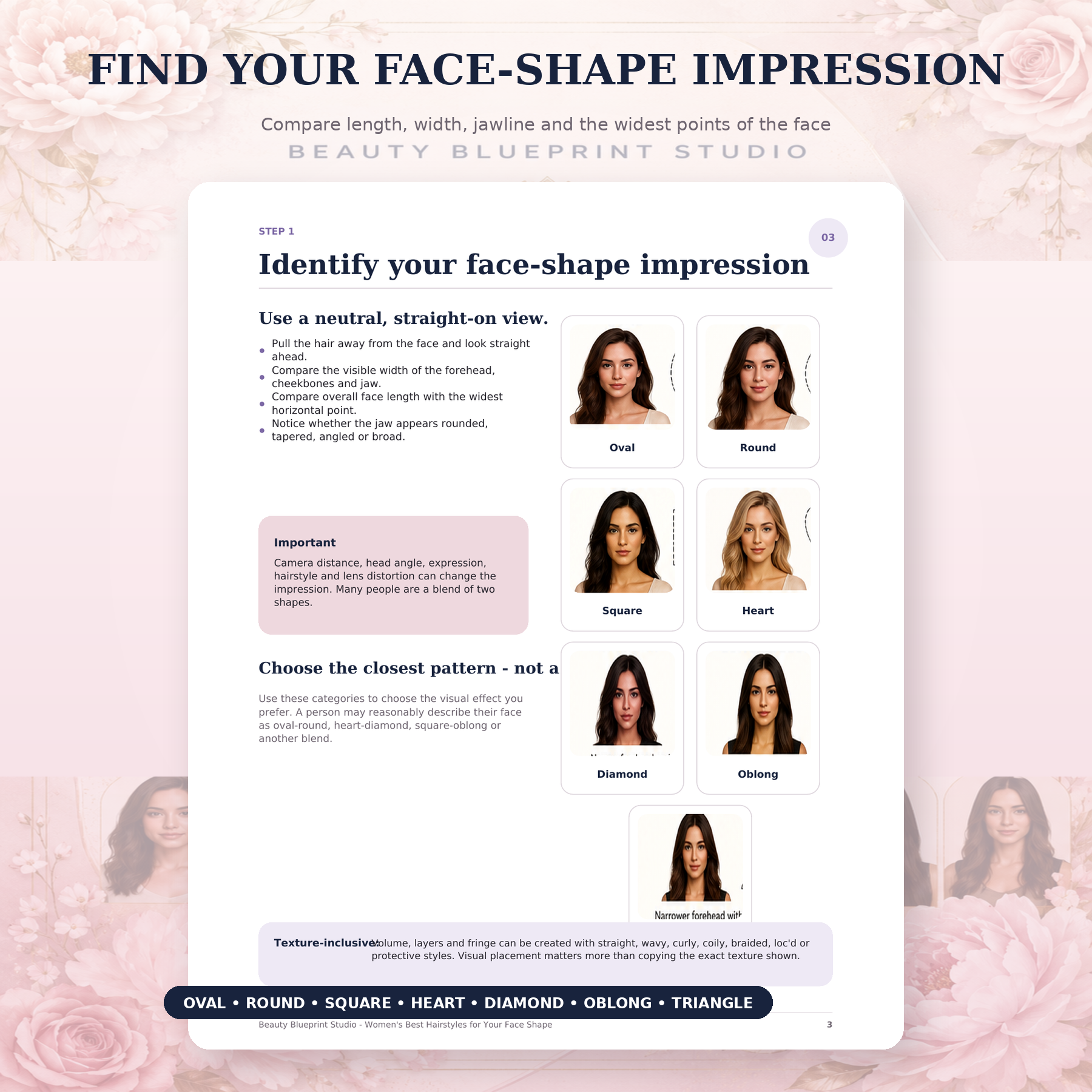 Face shape identification page preview showing seven common face shapes