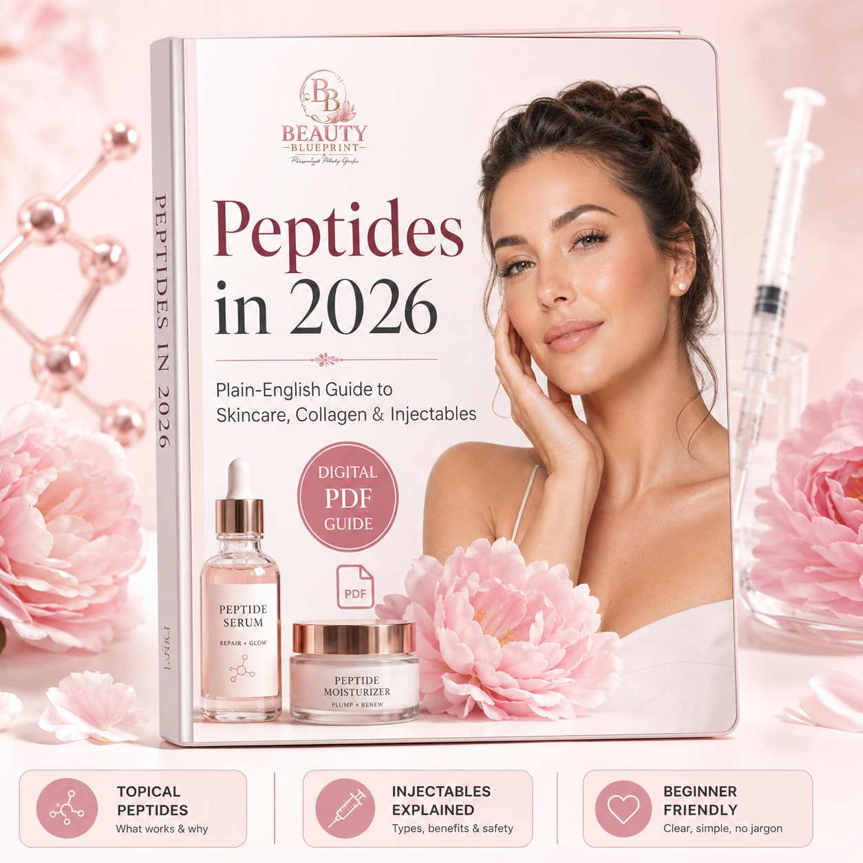 Peptides in 2026 digital PDF guide showing skincare, collagen and injectable peptide topics