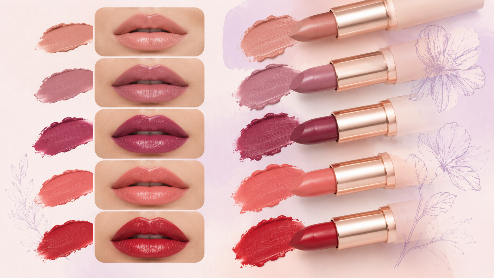 Nude, mauve, berry, coral, and red lipstick color families with matching lip swatches