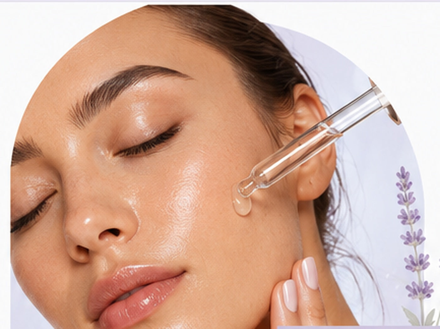 Woman applying a hydrating facial serum with a glass dropper