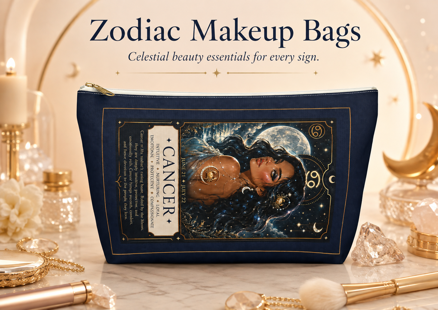 Beauty Blueprint Studio zodiac makeup bags collection featuring all 12 signs