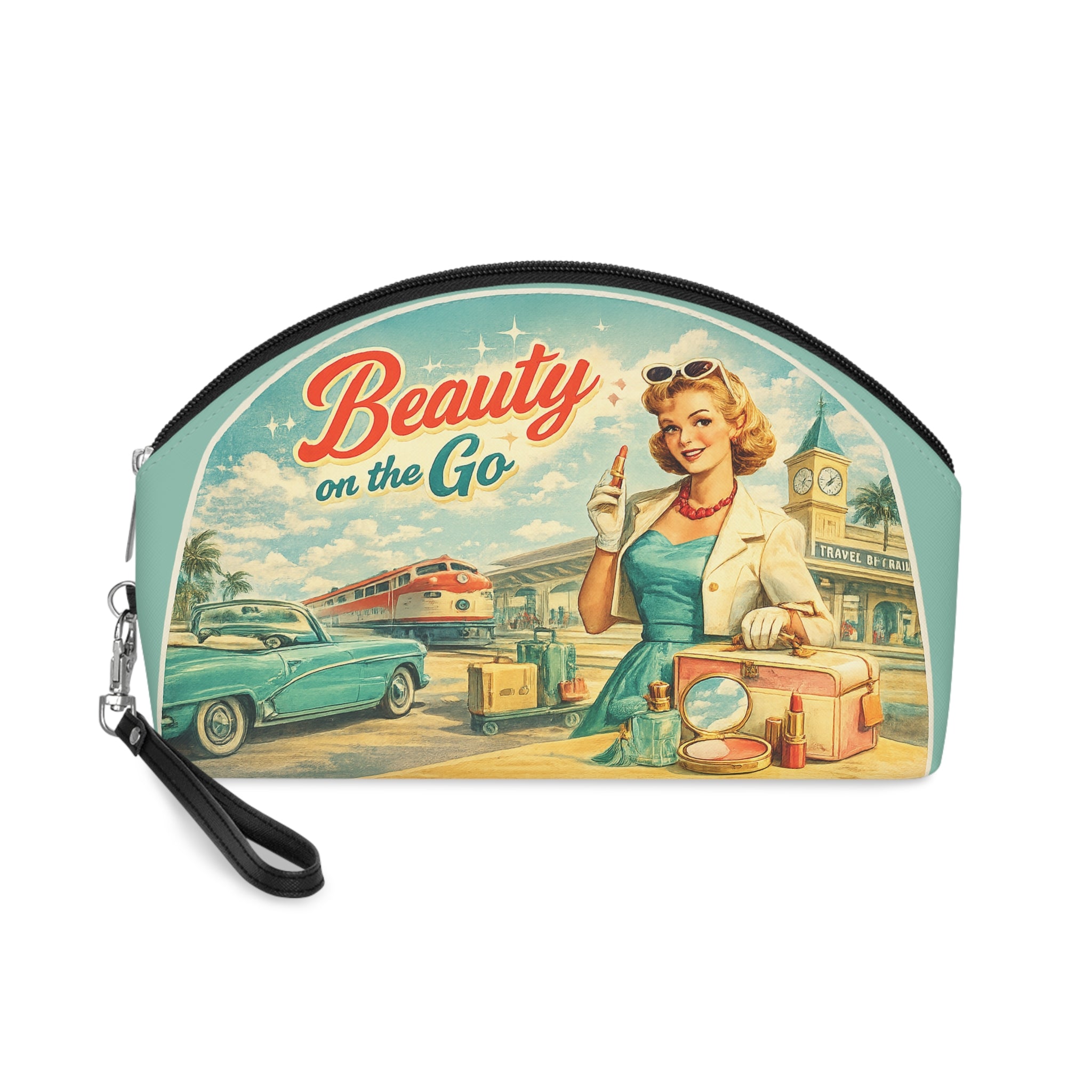 Retro 'Beauty on the Go' Travel Makeup Bag — Vintage Pin‑Up Cosmetic Pouch