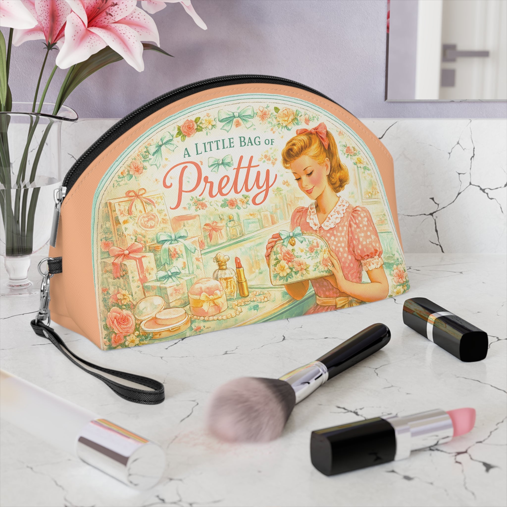 Vintage 'A Little Bag of Pretty' Makeup Bag — Retro Floral Cosmetic Pouch