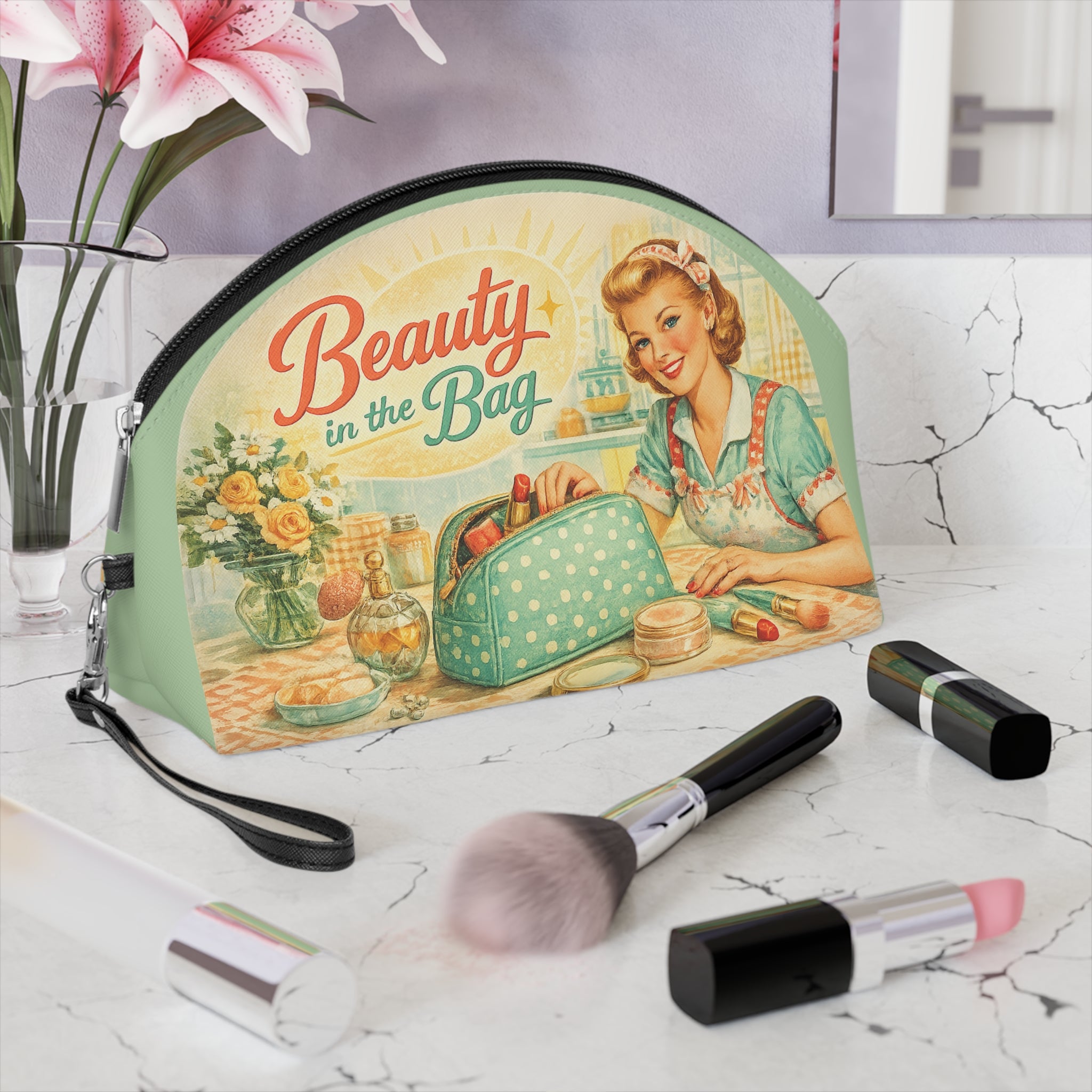 Vintage 'Beauty in the Bag' Makeup Bag — Retro Pin‑Up Cosmetic Pouch
