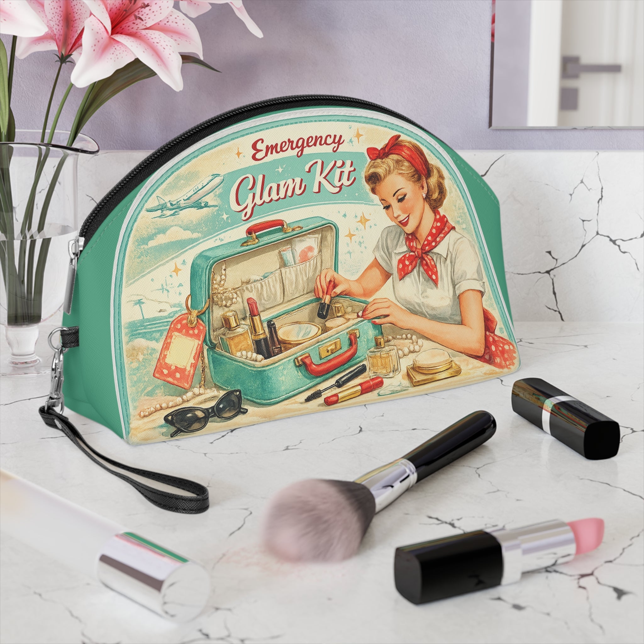 Vintage 'Emergency Glam Kit' Makeup Bag — Retro Pin‑Up Cosmetic Pouch