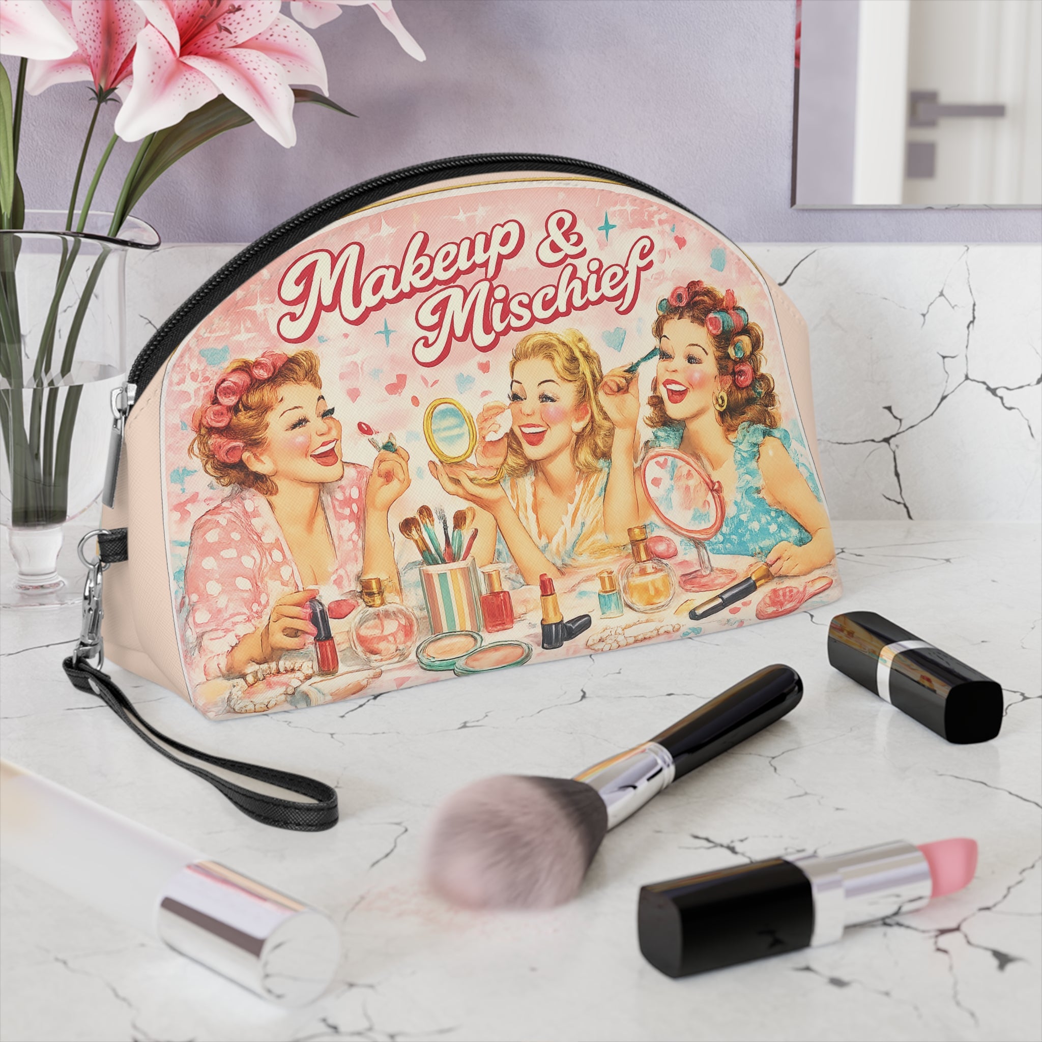 Retro 'Makeup & Mischief' Vintage Pin-Up Makeup Bag