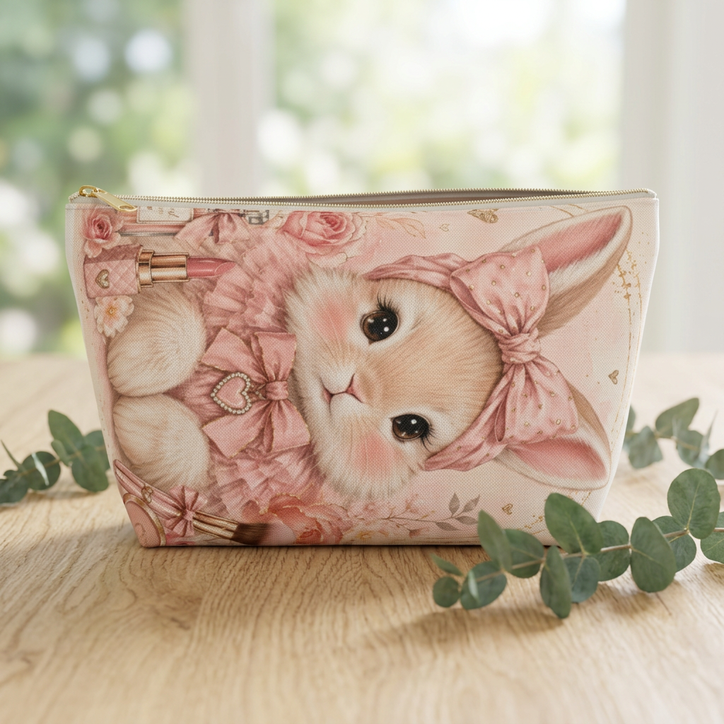 Cute Bunny Makeup Bag – Large Pink Floral Cosmetic & Travel Pouch