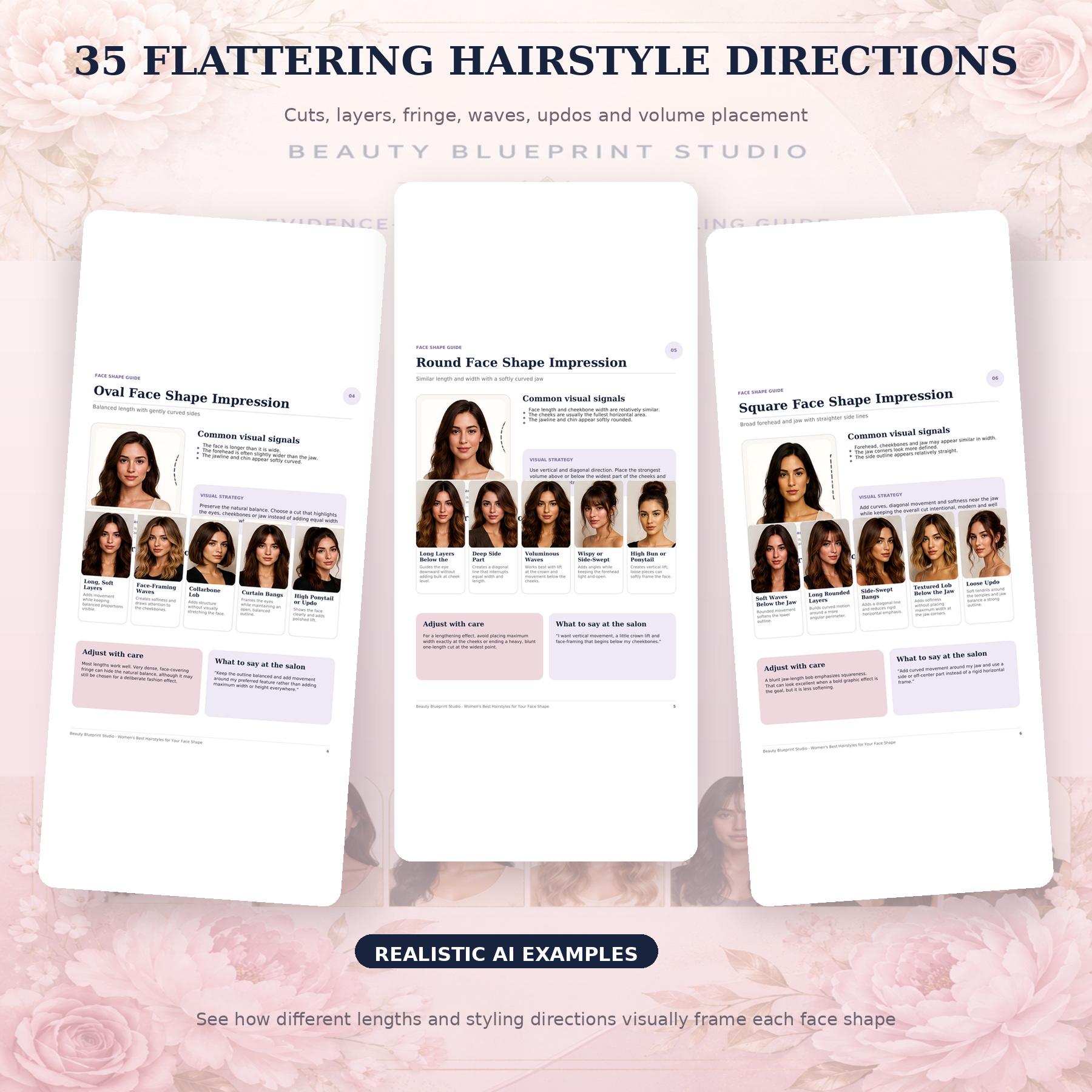 Preview of flattering hairstyle directions for oval round and square face shapes