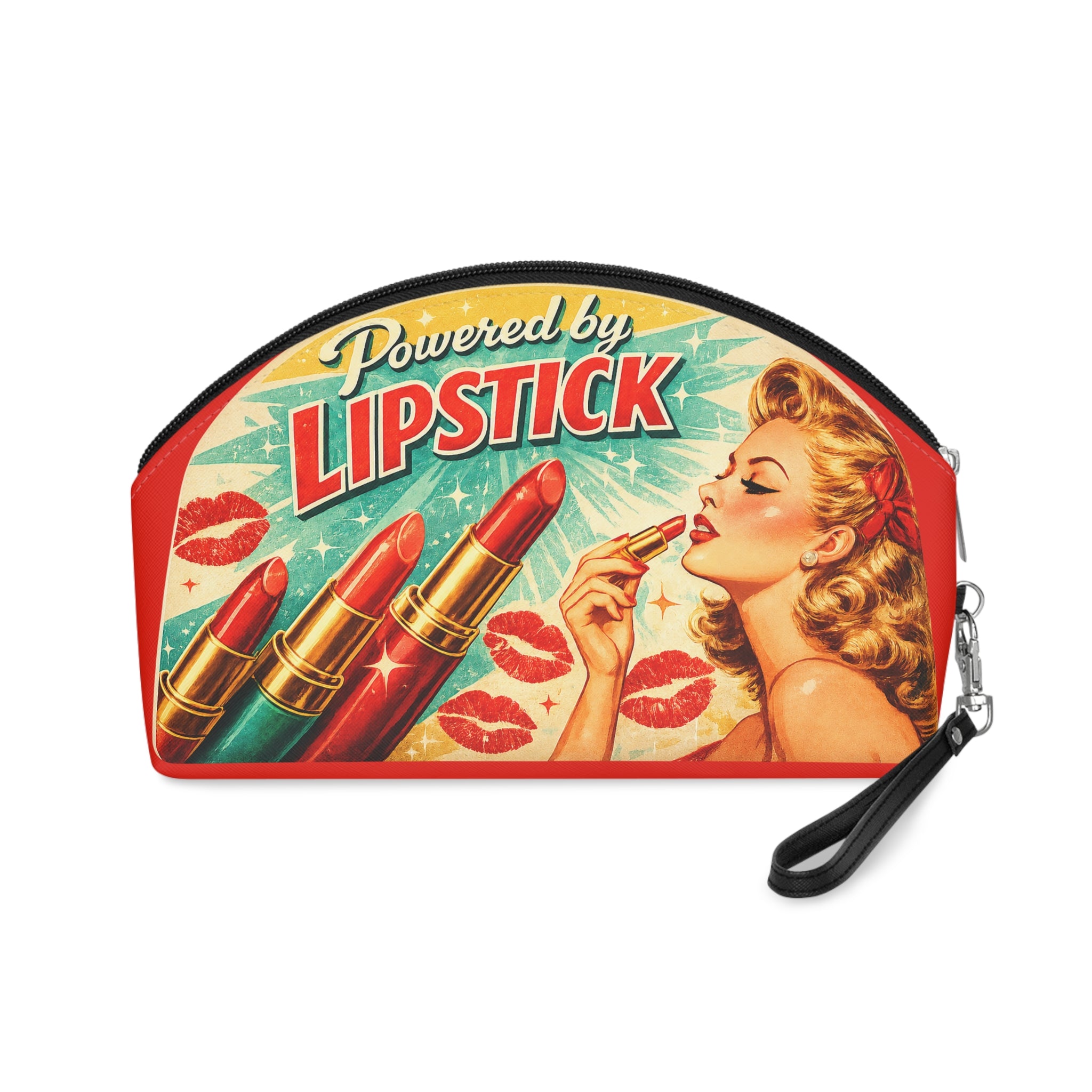 Retro 'Powered by LIPSTICK' Makeup Bag — Vintage Pin‑Up Cosmetic Pouch