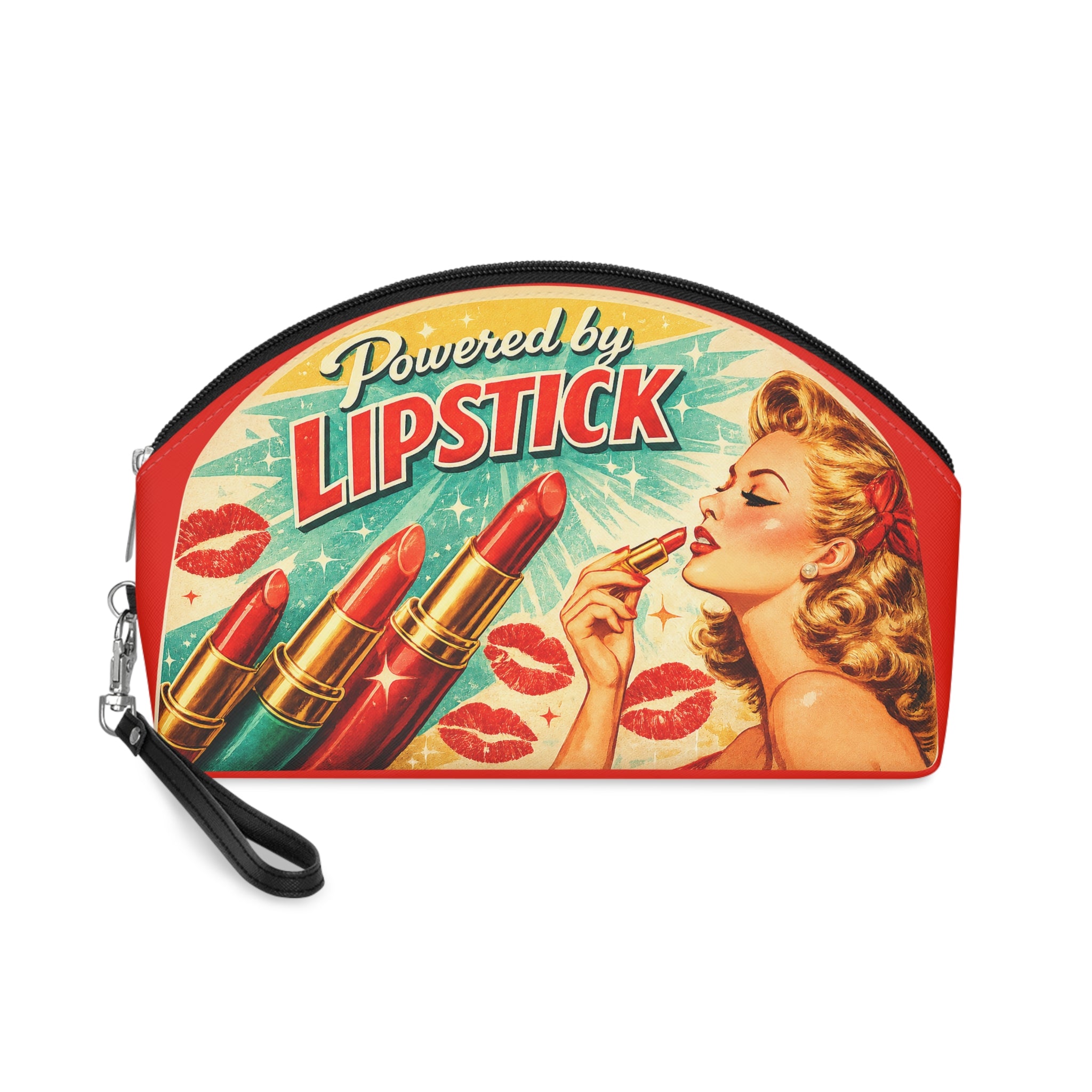 Retro 'Powered by LIPSTICK' Makeup Bag — Vintage Pin‑Up Cosmetic Pouch