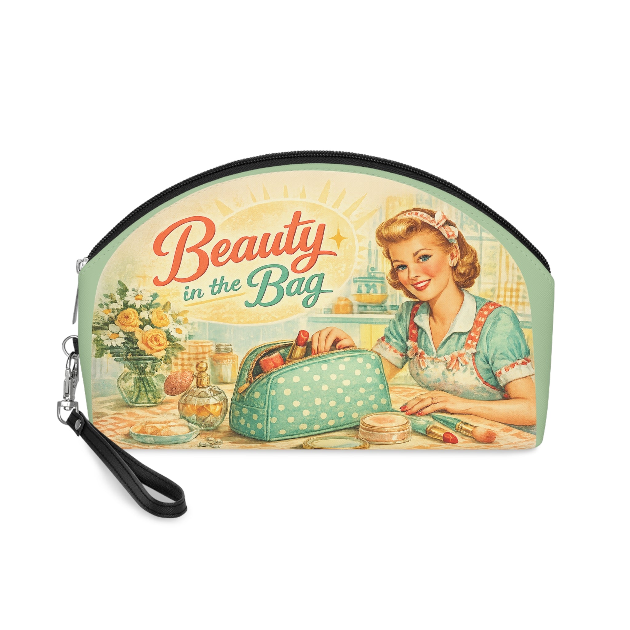 Vintage 'Beauty in the Bag' Makeup Bag — Retro Pin‑Up Cosmetic Pouch
