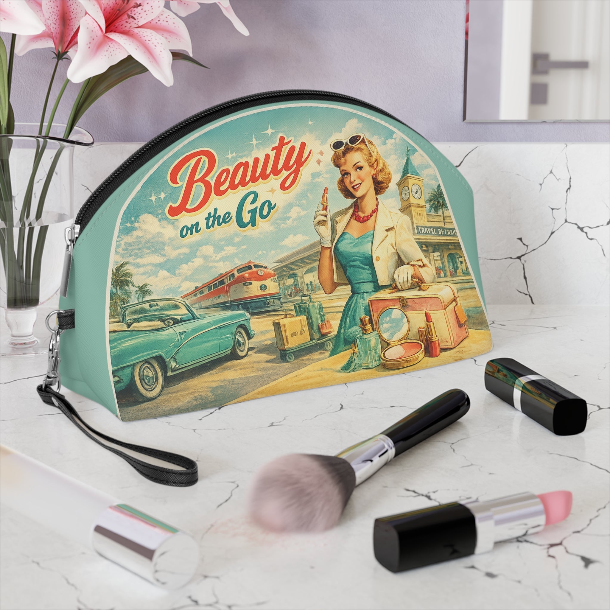 Retro 'Beauty on the Go' Travel Makeup Bag — Vintage Pin‑Up Cosmetic Pouch