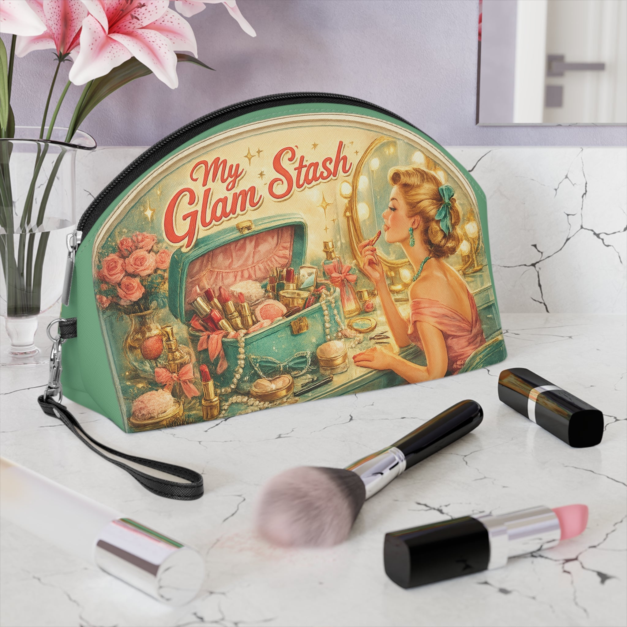Retro 'My Glam Stash' Makeup Bag — Vintage Pin‑Up Vanity Cosmetic Pouch