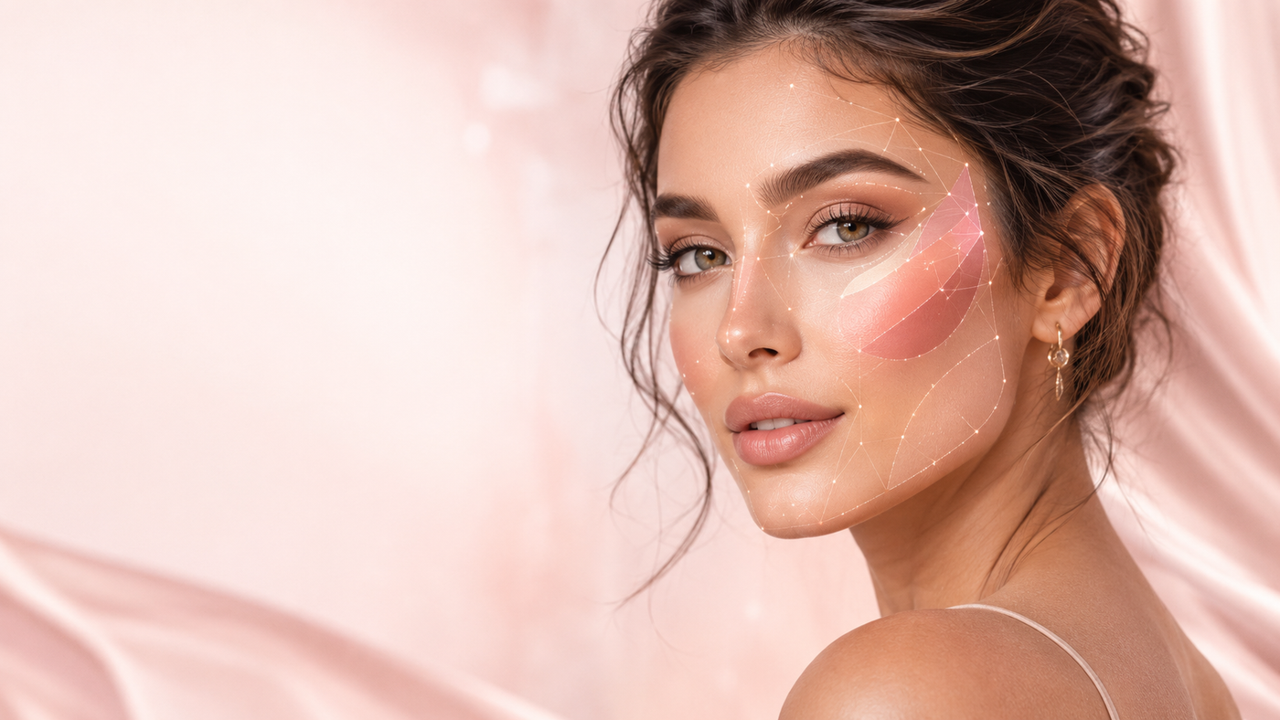 Beauty Blueprint AI homepage hero image showing a woman with elegant AI makeup mapping