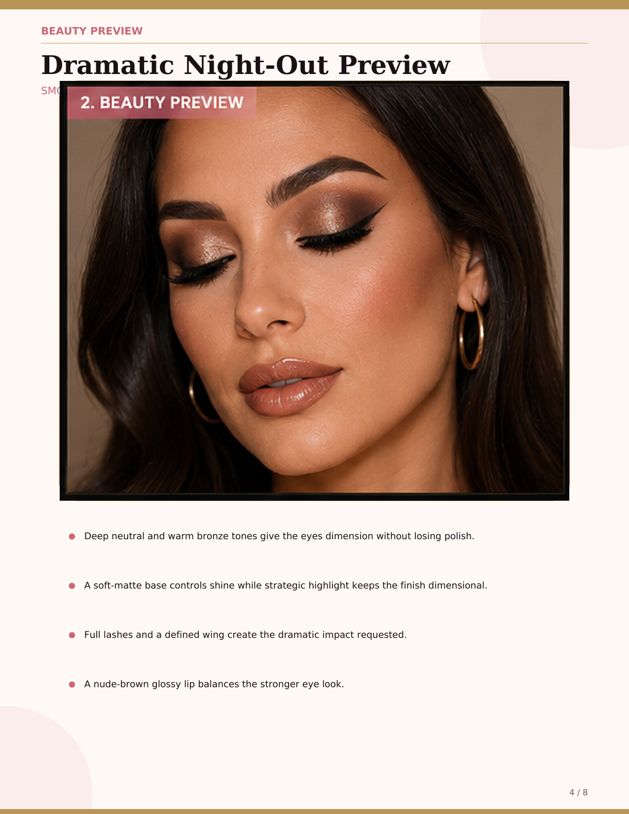 Dramatic night-out Beauty Blueprint preview with smoky bronze eyes and glossy nude lips