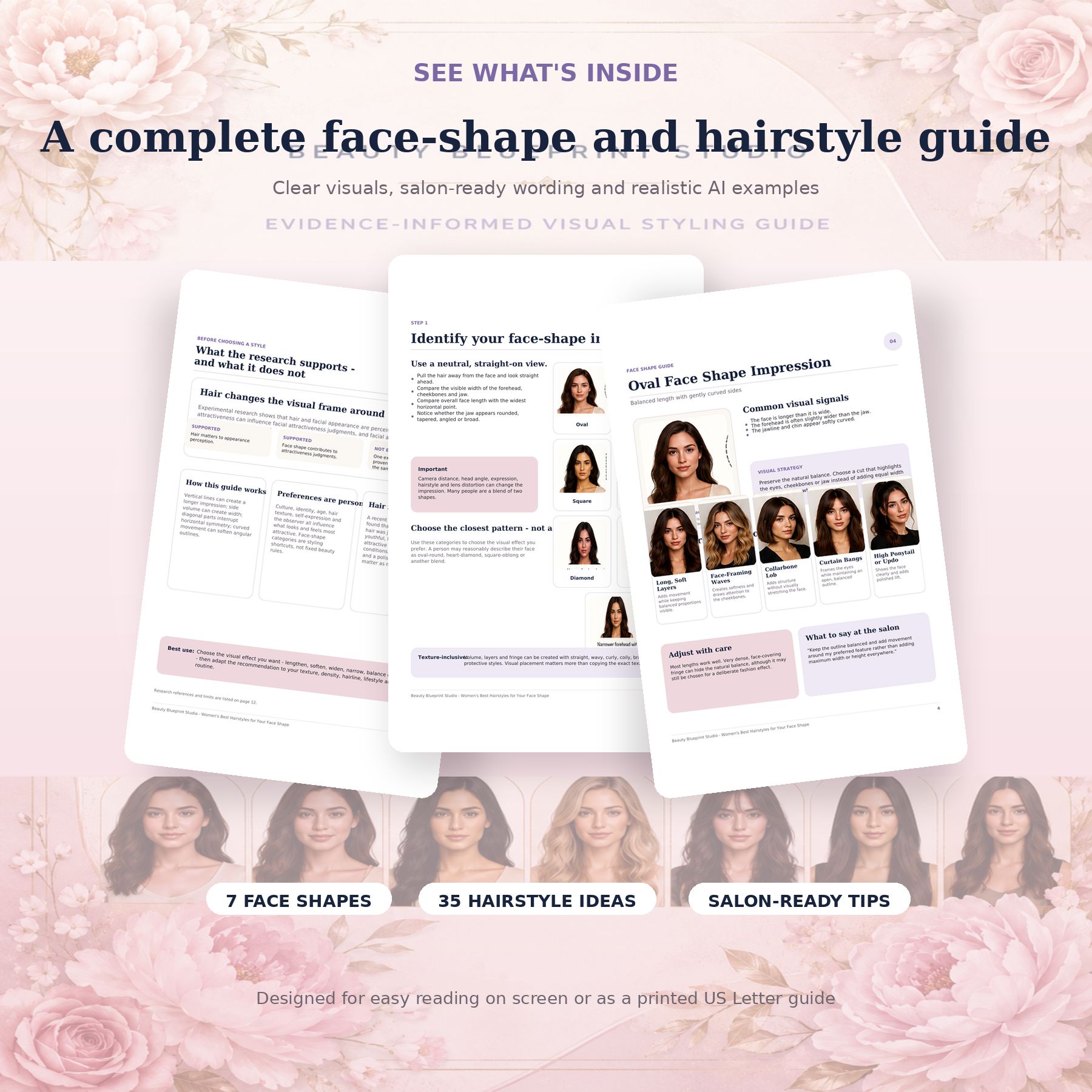 Preview of pages inside the Women's Best Hairstyles for Your Face Shape guide