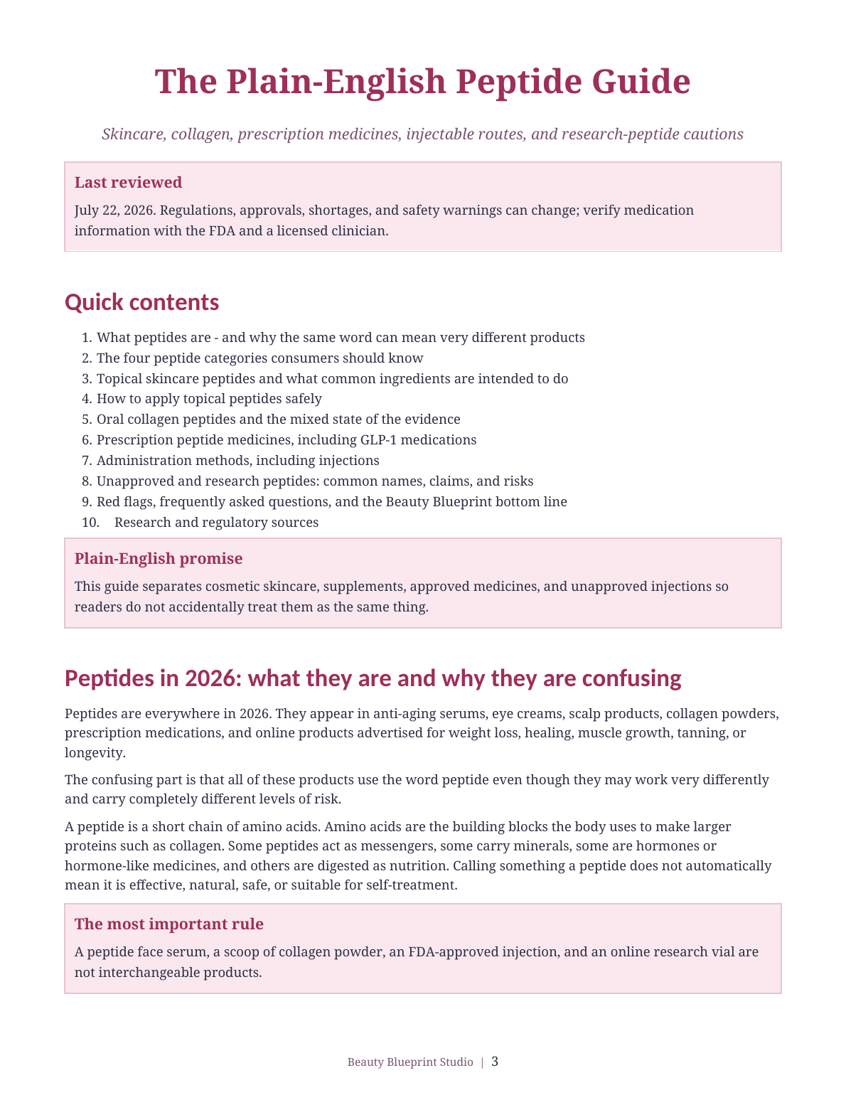 Preview of the guide contents and plain-English peptide introduction